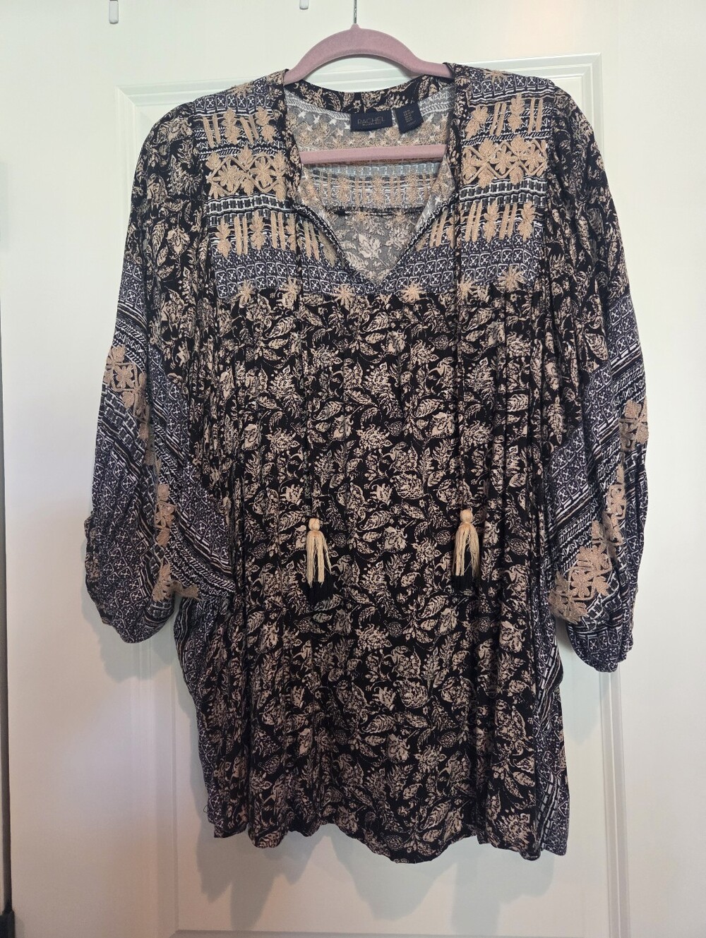 RACHEL Rachel Roy Black and Tan Boho Tie-Front Tunic